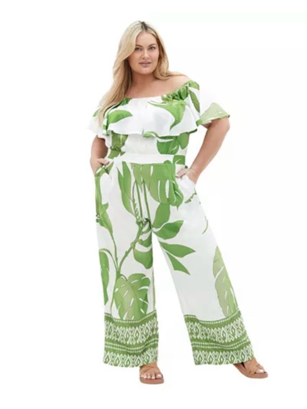 City Chic White and Green Off-Shoulder Leaf Print Wide-Leg Jumpsuit